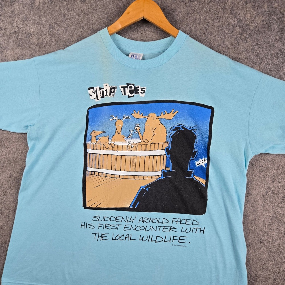 Vintage Strip Tees Shirt Mens Large Blue 90s Humor Single Stitch Sun Sportswear